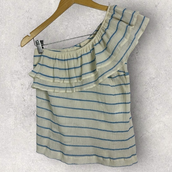 Sezane Adeline Blouse Blue Ecru One Shoulder Size 36 French / US 4 Ruffle Stripe - Picture 4 of 10